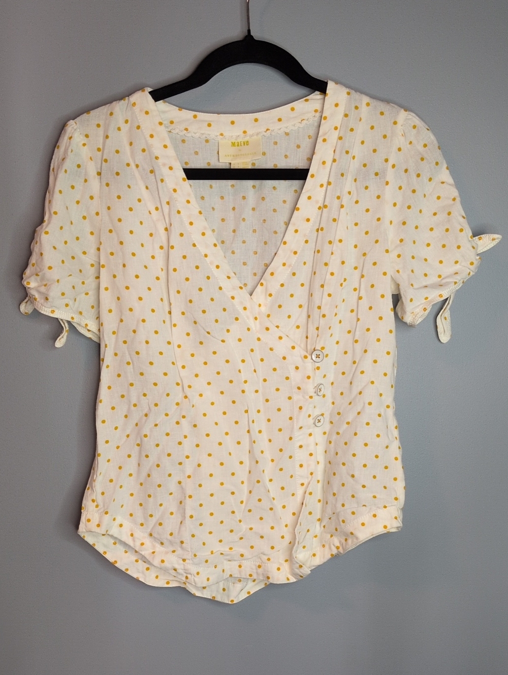 Maeve By Anthropologie Louise Wrapped Blouse Size 6 Small Polka Dot White Yellow